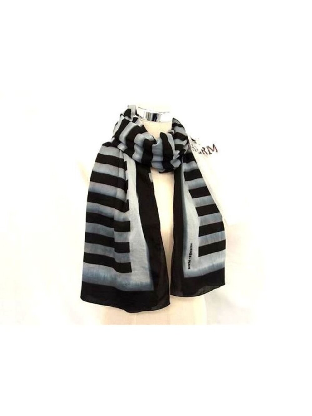 Hermes Cotton 100% Striped Large Shawl Scarf Black